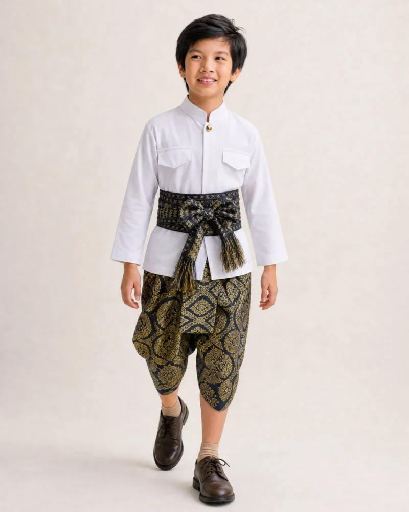 Nawin boys' Thai outfit in navy, walking view