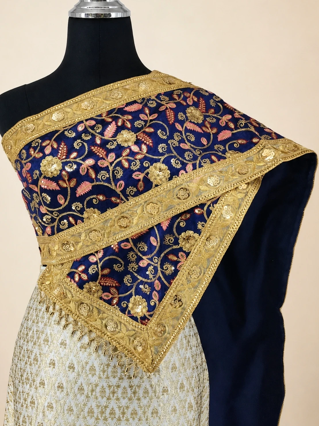 Navy - Pink Leaf Phatcharin Embroidered Thai Sabai — closer view