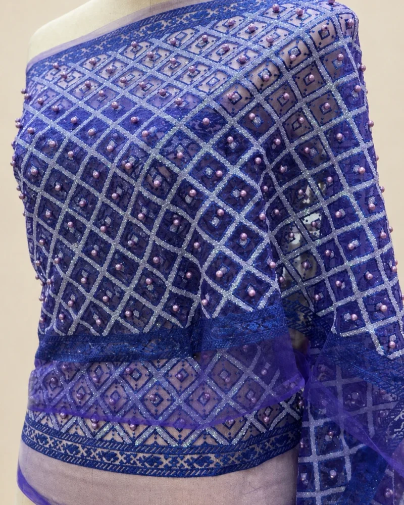 Ploypailin pearl-embellished glitter Thai sabai in blue white, detail view
