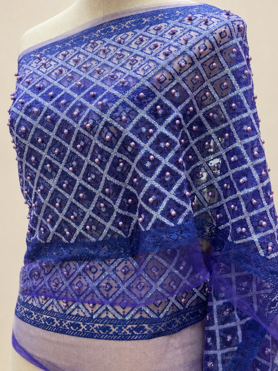 Ploypailin pearl-embellished glitter Thai sabai in blue white, detail view