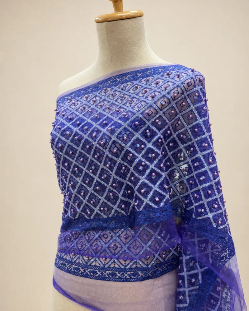 Ploypailin pearl-embellished glitter Thai sabai in blue white, main view