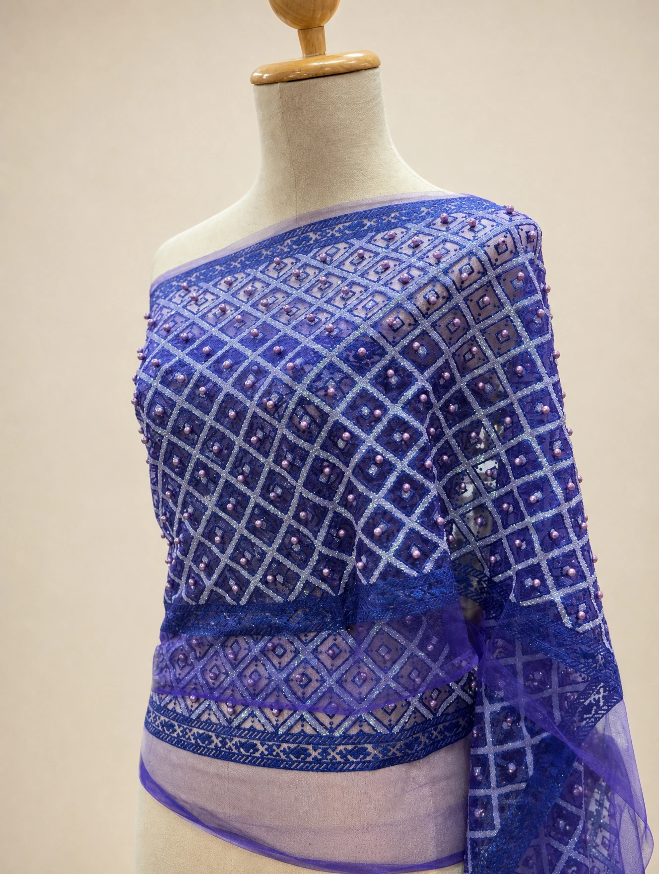 Ploypailin pearl-embellished glitter Thai sabai in blue white, main view