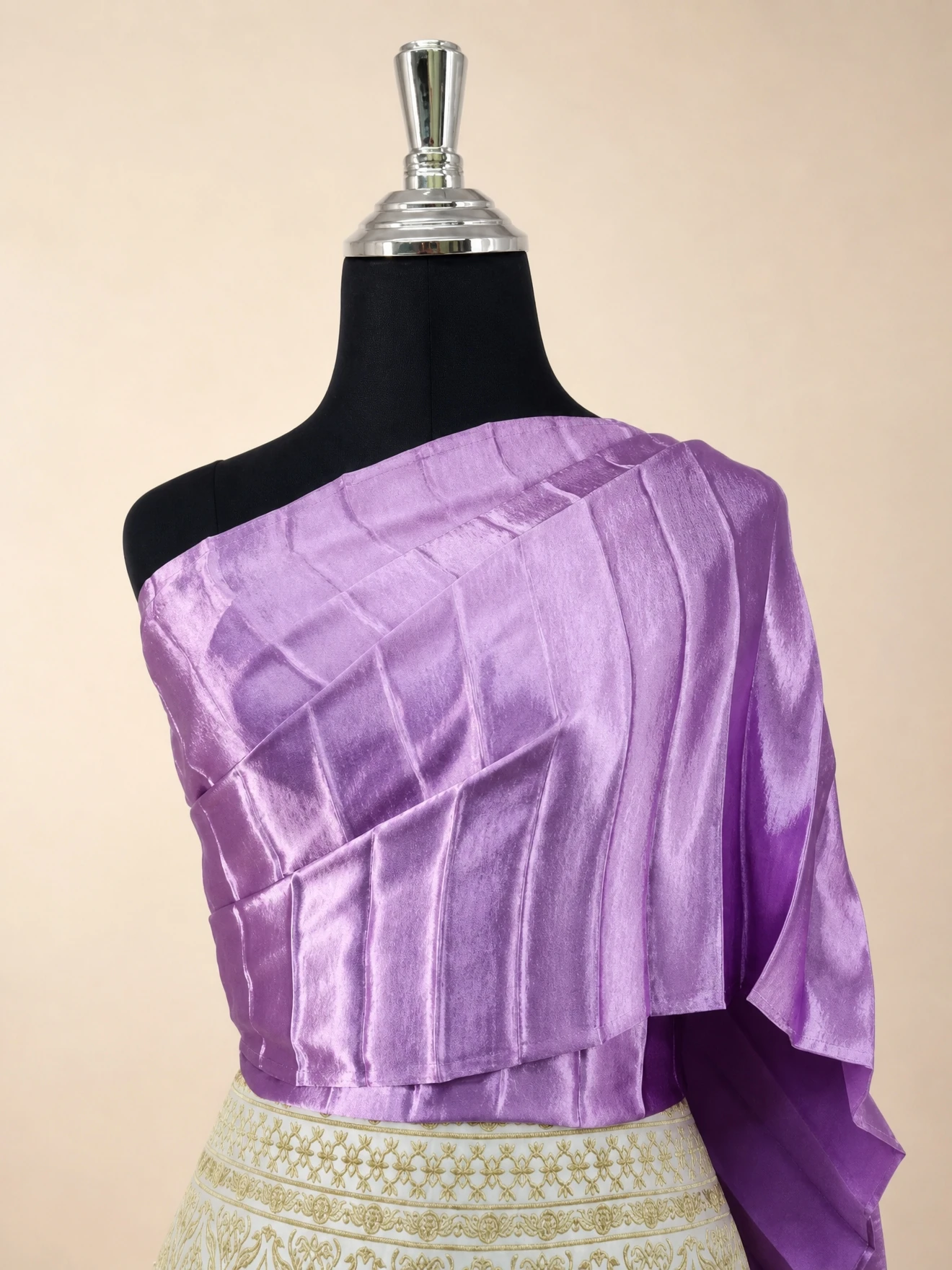 Purple pleated Thai sabai, draped view