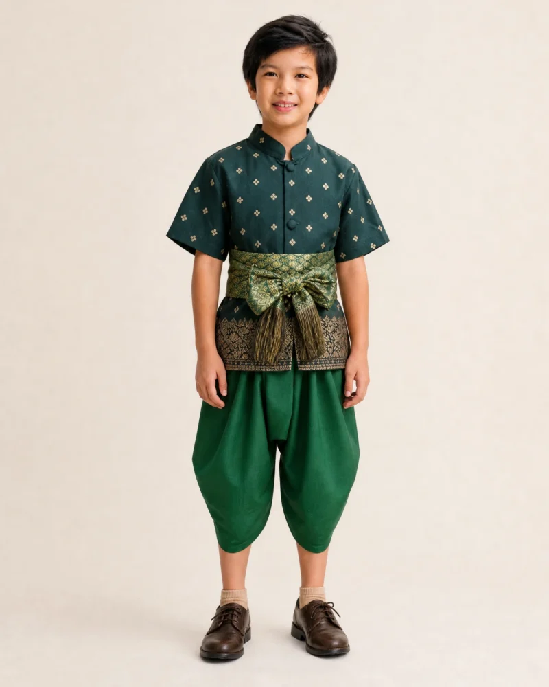 Tharin boys' Thai outfit in green, front view