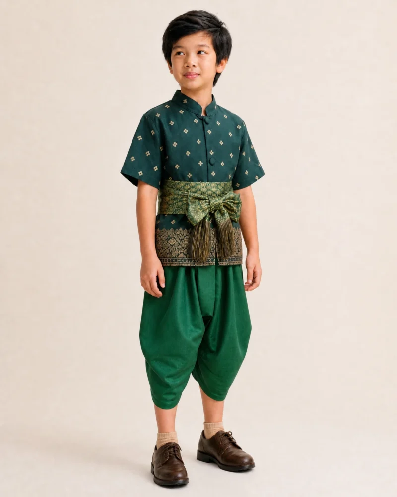 Tharin boys' Thai outfit in green, turn view