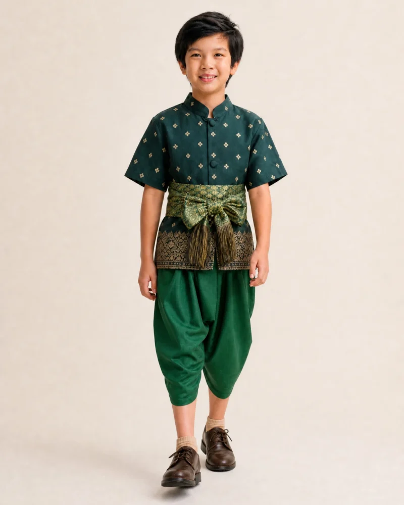 Tharin boys' Thai outfit in green, walking view